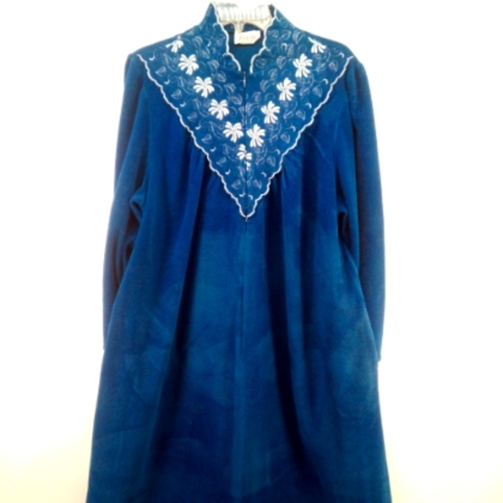 Vintage Vanity Fair Velour Blue Floral Half Zipper House Coat Pajama Moo Moo L